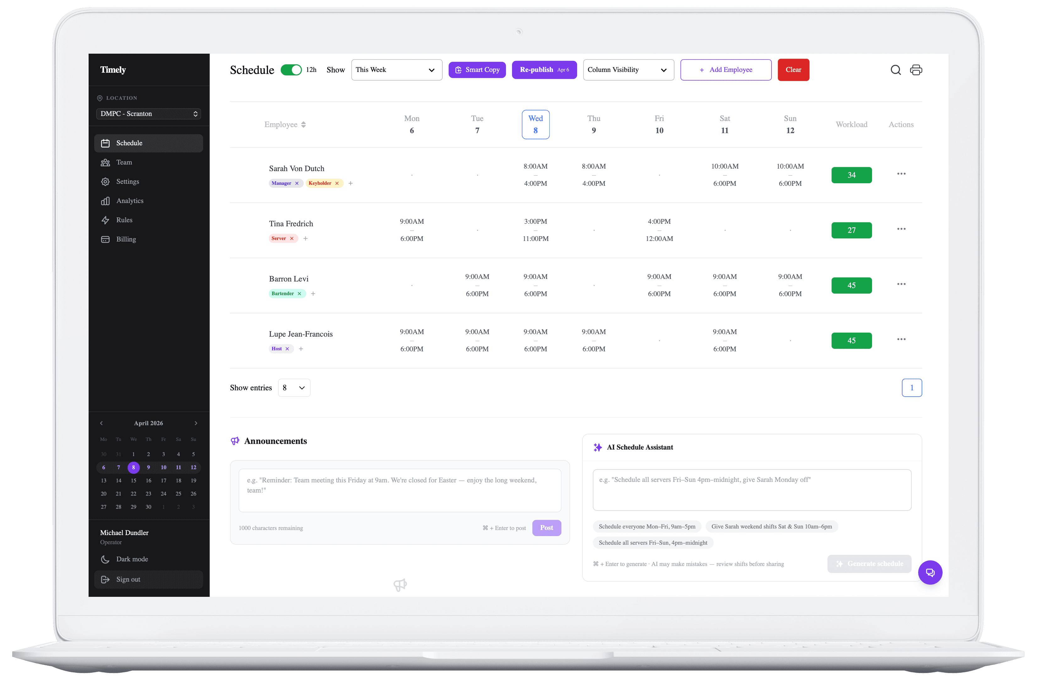 Timely scheduling dashboard with employee shifts and SMS preview